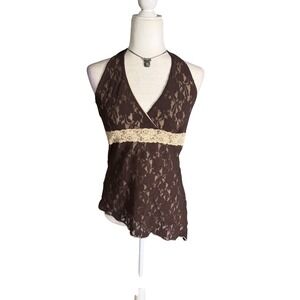 Y2K Brown Lace Halter Top Fairy Grunge Coquette Sheer Lace Tank